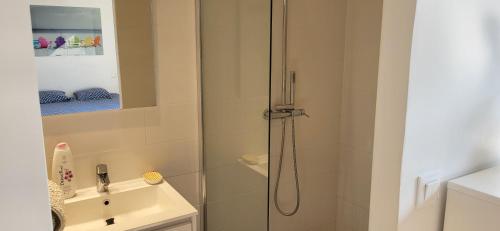 a bathroom with a shower and a sink at Architect-designed villa, overlooking Agay Bay in Saint-Raphaël
