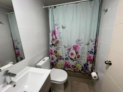 a bathroom with a shower curtain with a toilet and a sink at laguna verde apart in Los Ángeles