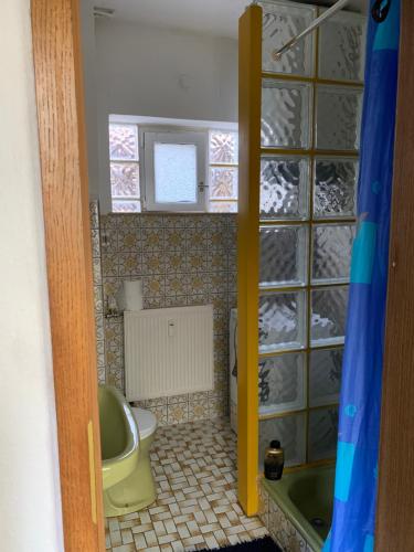 a small bathroom with a green toilet and a tub at Brakel Monteure Ferienwohnung 1 in Brakel