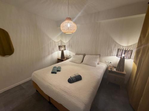 a bedroom with a large bed with two pillows at Caribean Style in Middelkerke
