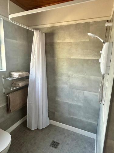 a bathroom with a shower curtain and a toilet at Whitepark Lodge in Lisnaskea