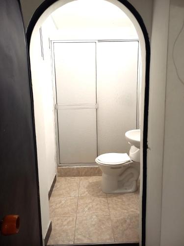 a bathroom with a toilet and a glass shower at Hotel Los Balcones de Apulo in Apulo