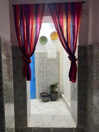 an open window with red curtains and a potted plant at maison bleu hajja in Tangier
