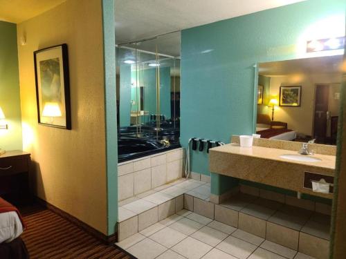 a bathroom with a sink and a large mirror at Budget Host Inn in Salina