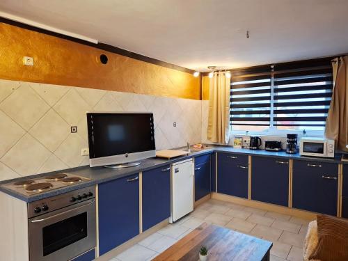 a kitchen with blue cabinets and a flat screen tv at Ruhe Oase mit Gartenblick in Büren