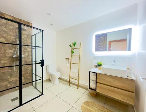 a bathroom with a sink and a toilet at Appartement spacieux La Vanille 2 in Ducos