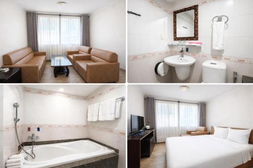 three different views of a hotel room at Mong Yen Hotel in Cao Lãnh