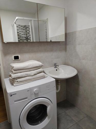 a bathroom with a washing machine and a sink at Cascina Danila in Narzole