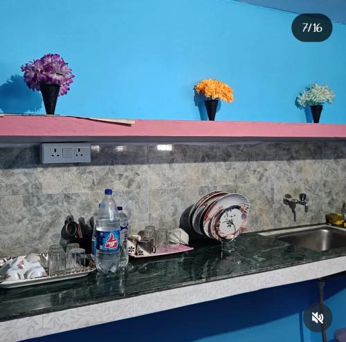 a kitchen counter top with a sink and a sink at Harender nayal homestay in Bhīm Tāl