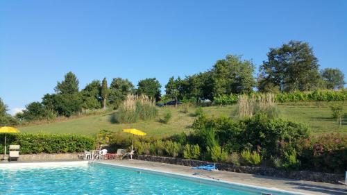 einen Pool mit Tischen und Sonnenschirmen neben einem Feld in der Unterkunft Casa Romina in Badia a Ruoti