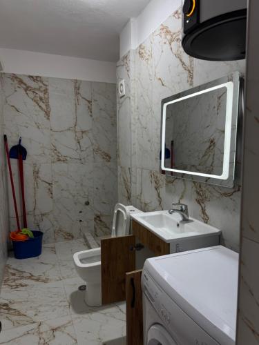 a bathroom with a sink and a toilet and a mirror at Flat Ergli in Velipojë