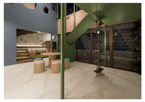 a room with a slide and a table and stools at The Foresta By Ohana in Timuran