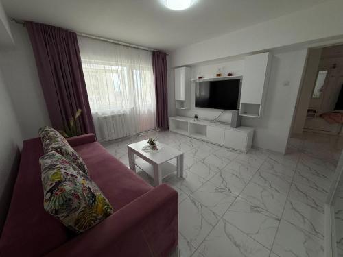 a living room with a couch and a tv at Anastasia in Mangalia