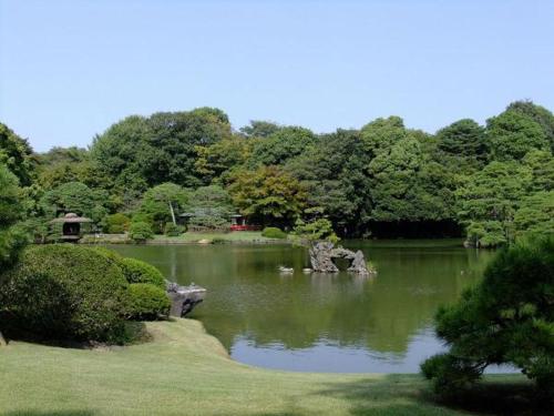 a pond in the middle of a park with trees at Base Inn Komagome Tokyo in Tokyo