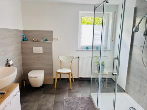 a bathroom with a shower and a toilet and a sink at Mosel mit Herz in Cochem