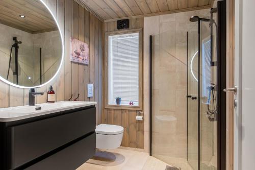 a bathroom with a toilet and a sink and a shower at Flott utsikt Peis Elbillader in Aurdal