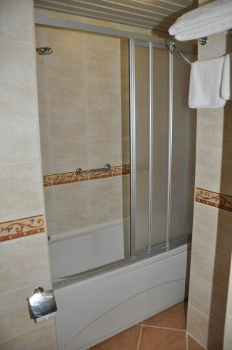 a shower with a glass door in a bathroom at Kleopatra Royal Palm Hotel in Alanya