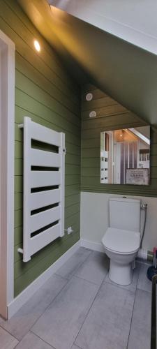 a bathroom with a toilet in a green wall at Aux Passagers de la Baie 2 Maison 3 Etoiles 2 couchages Terrasse Proche Mer Crotoy in Le Crotoy