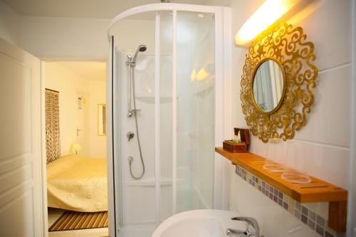 a bathroom with a shower with a toilet and a mirror at Hotel de Got in Villandraut