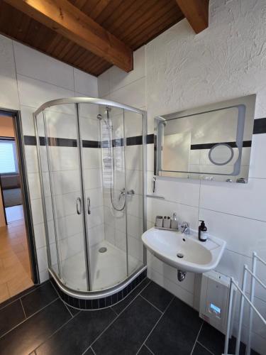 a bathroom with a shower and a sink at Auszeit Tor zur Eifel in Euskirchen