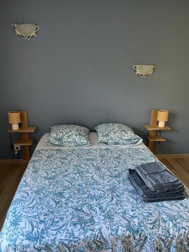 a bed with a blue comforter and two pillows at Chez Val et Phil in La Voulte-sur-Rhône
