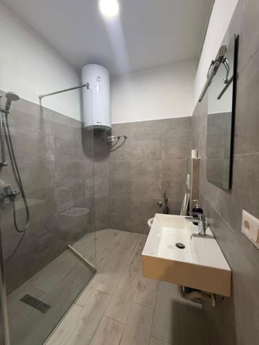 a bathroom with a shower and a sink and a glass shower door at Limore Hostel in Tirana