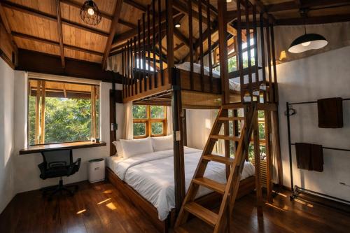 a bedroom with a bunk bed and a ladder at Nalintara resort นลินธารารีสอร์ท in Ban Pha Saeng Lang