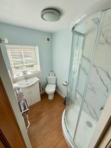 a bathroom with a shower and a toilet and a sink at The Signal Box at Cliburn Station in Penrith
