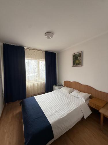a bedroom with a large bed with blue curtains at Pensiune Supca in Râmnicu Vâlcea