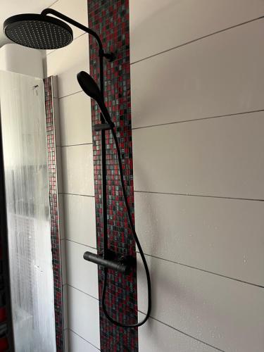 a shower with a shower head hanging on a wall at Adriatic View in Pješčana Uvala