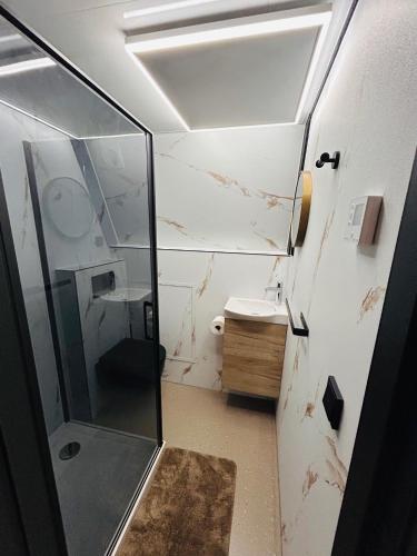 a bathroom with a glass shower and a sink at Tiny House 'The Cabin' in Berlicum