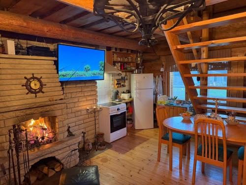 a living room with a fireplace and a television on a wall at Pitsinina Log House in Kaugatuma
