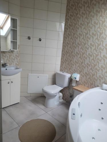 a bathroom with a toilet and a sink and a tub at Apartamentai Rimkuose in Klaipėda