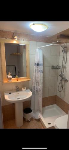 a bathroom with a sink and a shower and a toilet at Akrotiri Studios in Samothraki
