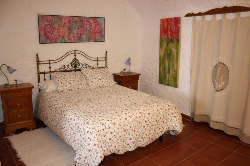 1 dormitorio con 1 cama, 2 mesas y una ventana en Casa Cueva Alhama en Graena