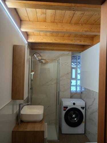 a bathroom with a shower and a washing machine at Castle house in Aprica