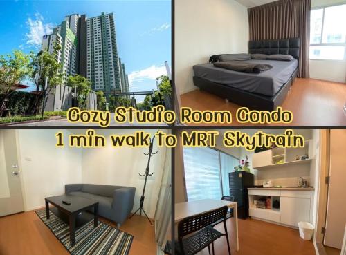 a bedroom and a living room with a bed and a desk at Condo in front MRT Bang Krasor, Nonthaburi, Free Wi-Fi in Nonthaburi
