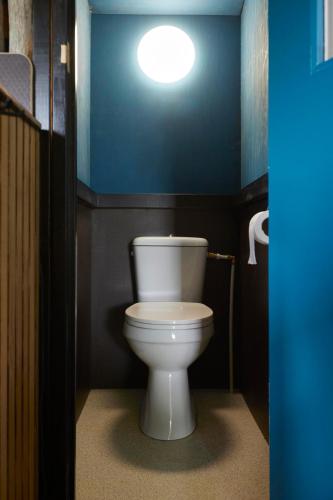 a bathroom with a white toilet in a blue room at Glampervan Rietje in Den Bosch