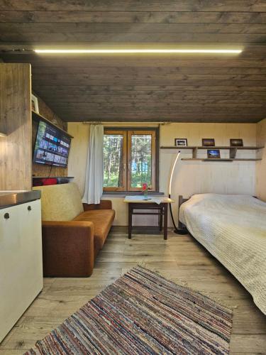a bedroom with two beds and a couch and a table at Skaisto saulrietu namiņš in Lembuži