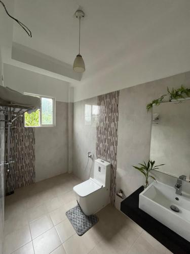 a bathroom with a white toilet and a sink at Cottage Fifty One in Kandy