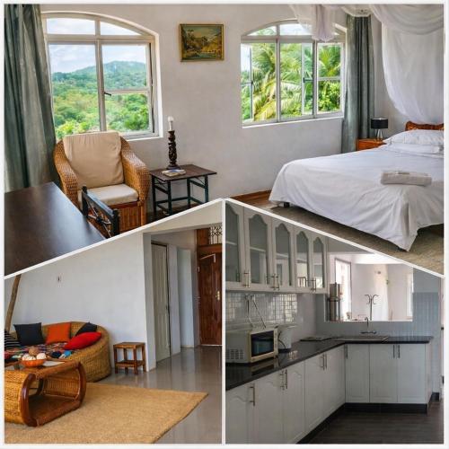 three pictures of a bedroom with a bed and a table at Kabula Lodge in Blantyre