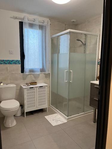 a bathroom with a glass shower and a toilet at L'Appart'CASANELLA in Sarzeau
