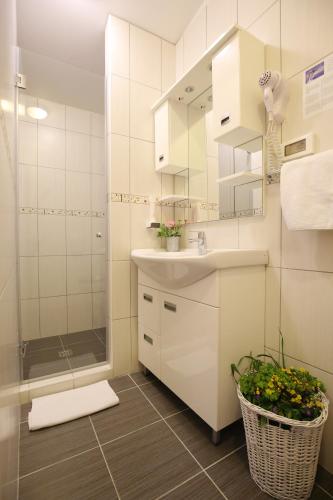 a bathroom with a sink and a shower with a mirror at Hotel Delfin in Zadar
