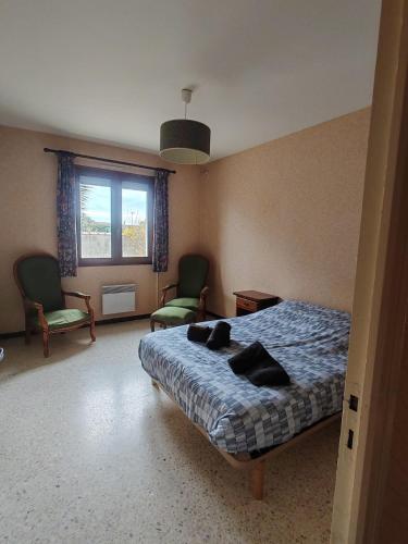 a bedroom with a bed and two chairs and a window at Maison tout confort équipée Camargue in Saint-Gilles