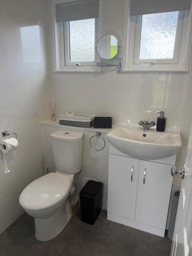 a white bathroom with a toilet and a sink at 2 Broadside Chalet Park in Stalham
