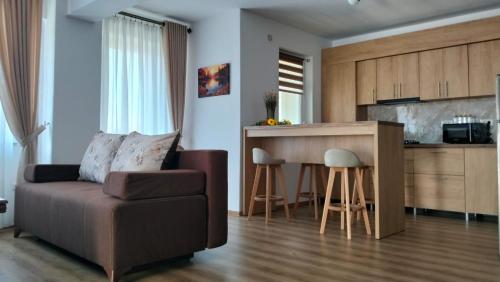 a living room with a couch and a kitchen at GH Apartments 2 in Gura Humorului