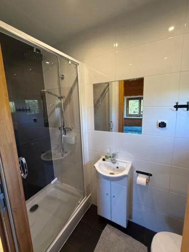 a white bathroom with a shower and a sink at Trzy Domki Wysowa in Wysowa-Zdrój
