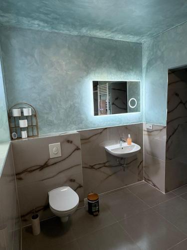 a blue bathroom with a toilet and a sink at Apartament Modern Herne 3 in Herne