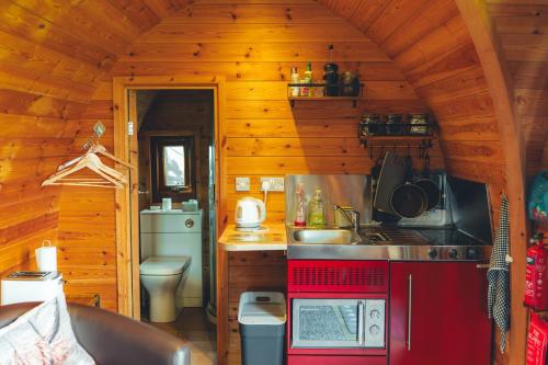 a kitchen with a stove and a sink in a cabin at Hatterall View Glamping Pod in Abergavenny