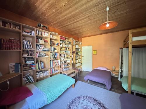 a room with two beds and shelves of books at Le Vélo Vert in Sadirac